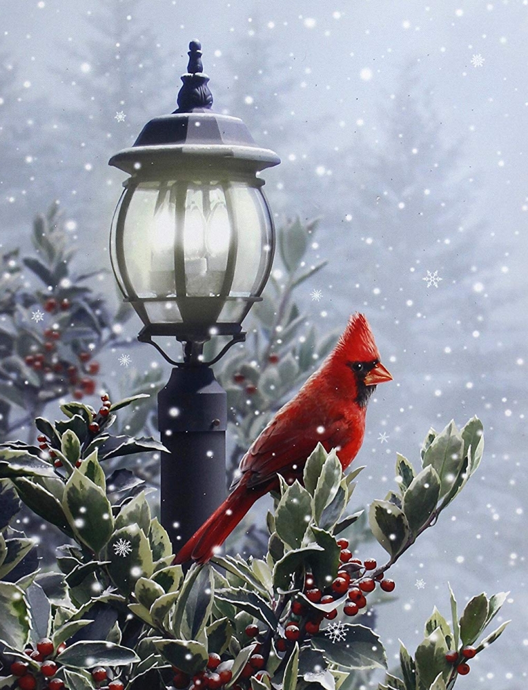 LightUp Snow & Lamp Post Cardinal Winter Holiday Canvas Wall Art Christmas