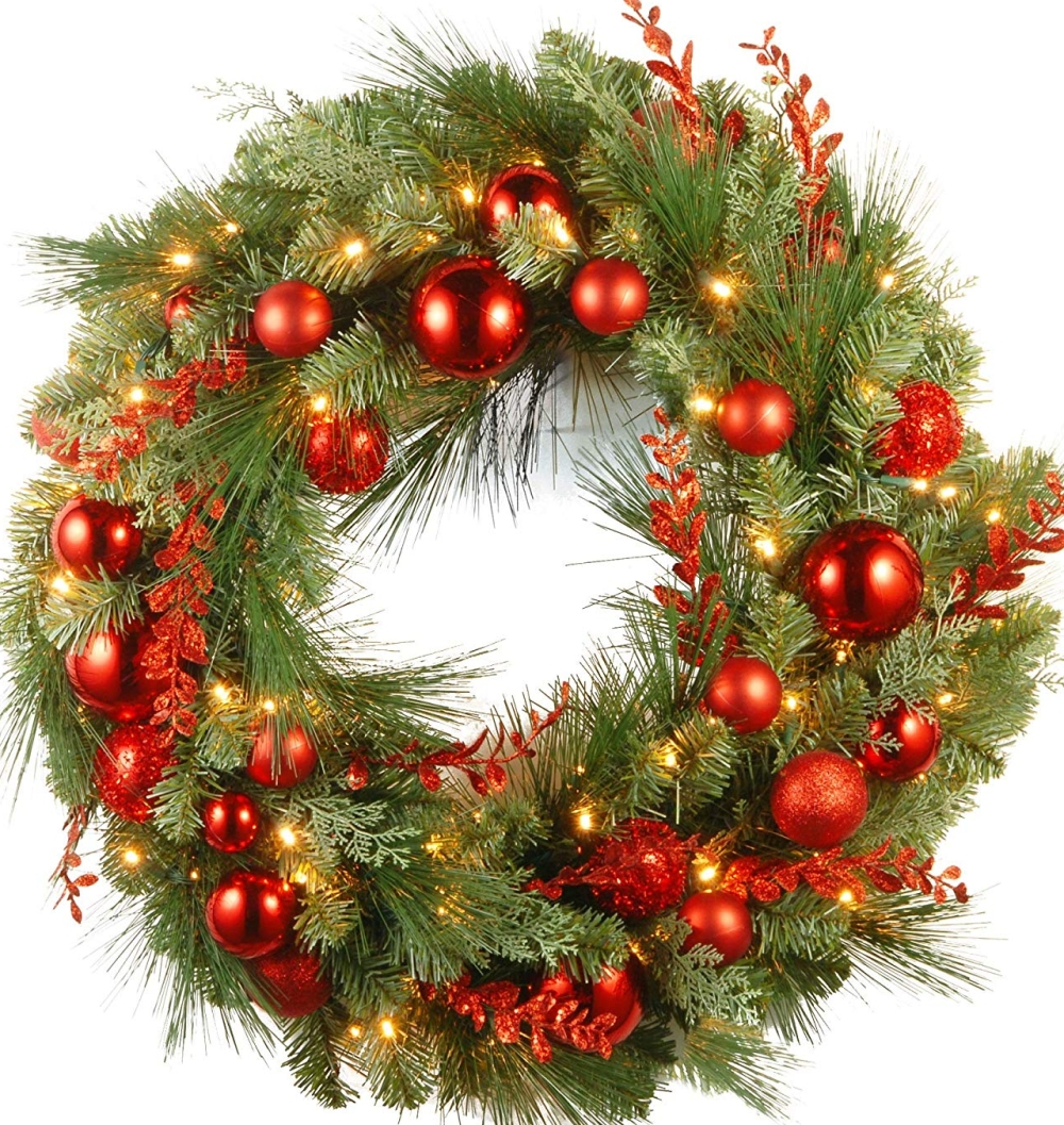 Pre-Lit B/O LED Red Mixed Artificial Christmas Wreath | Christmas