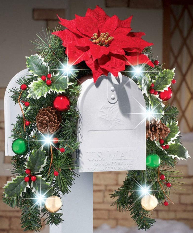 Solar Powered Lighted Christmas Poinsettia Mailbox Cover