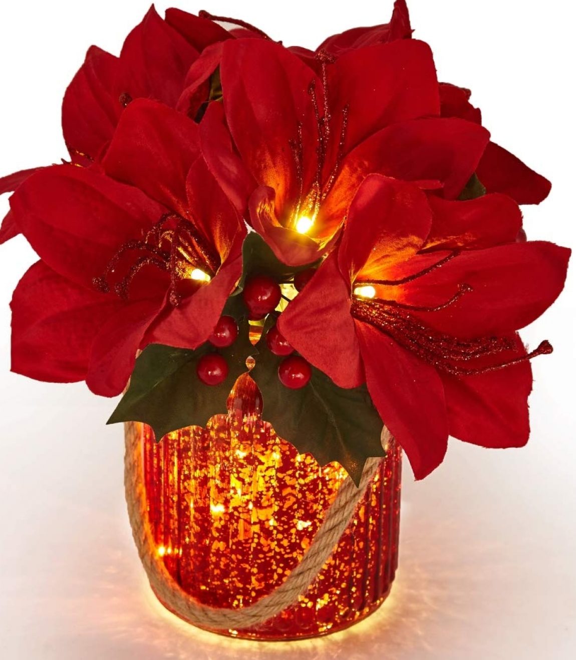 LED PreLit Red Artificial Amaryllis Arrangement in Red Christmas