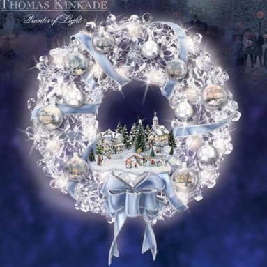 Thomas Kinkade Blown Glass Ornament Illuminated Christmas Wreath