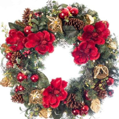 Artificial Pre Lit LED Decorated Christmas Wreath-Red Magnolia Decorations