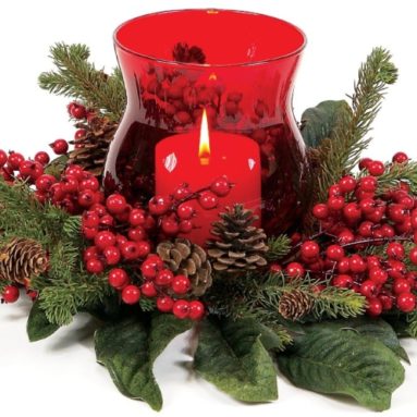 Candle Centerpiece Bursting with Red Berries