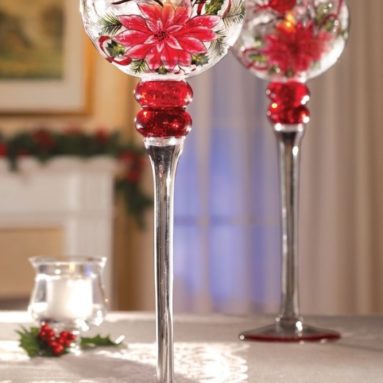Christmas Cardinal & Poinsettia Stemmed Glass Votive Holder