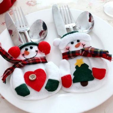 Christmas Decorations Snowman Silver Flatware Holder Pockets Table Dinner Home Decoration