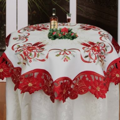 Christmas Embroidered Poinsettia Candle Bell Tablecloth