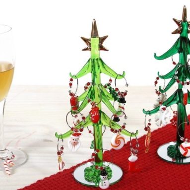Art Glass Tree and 10 Piece Wine Charm Set
