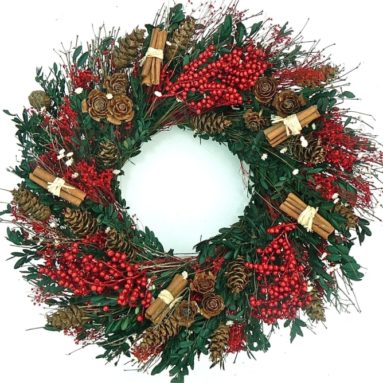 Cinnamon and Berry Elegant Boxwood Dried Holiday Door Wreath