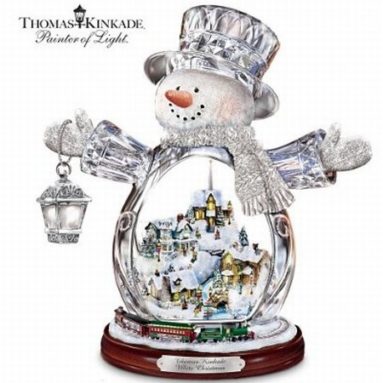 Crystal Snowman Figurine Featuring Light-Up Village