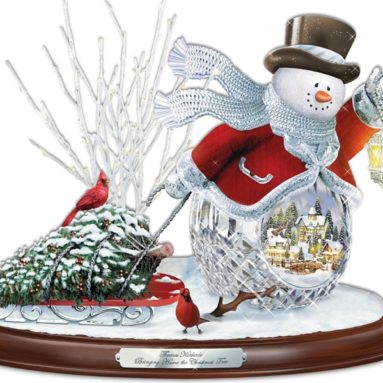 Crystal Snowman Bringing Home The Christmas Tree Musical Sculpture