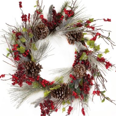 Frosted Wispy Pine 27-Inch Wreath with Red Berries and Cones