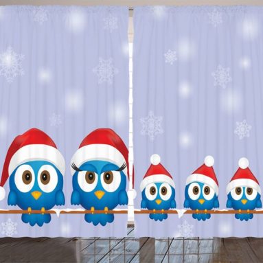 Funny Bird Family with Santa Hats Christmas Decorations Curtains