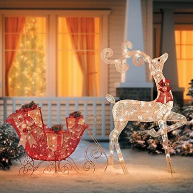 Glittering Reindeer and Sleigh Lighted Christmas Decor