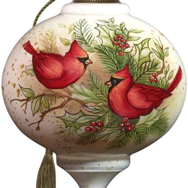 Hand Painted Blown Glass Woodland Cardinals Ornament