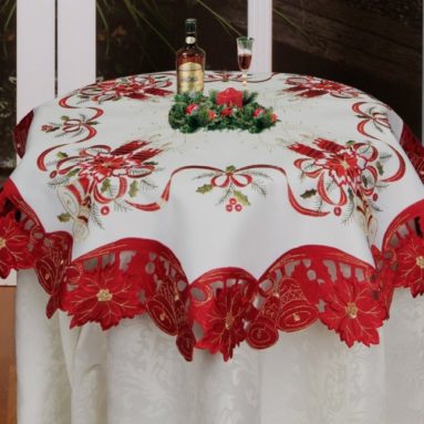 Holiday Christmas Embroidered Poinsettia Candle Bell Tablecloth