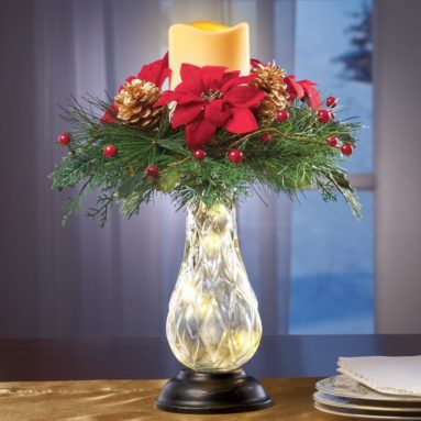 Holiday Poinsettia And Berry Candle Centerpiece