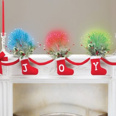 Joy Christmas Stockings Garland with Fiber Optic Greenery