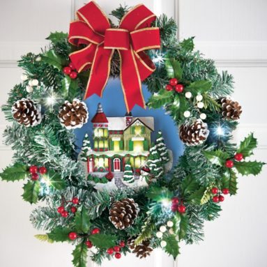 Lighted Victorian House Pinecone Wreath