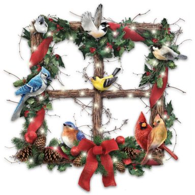 Merry Woodland Melodies Lighted Songbird Holiday Wreath Plays Bird Sounds