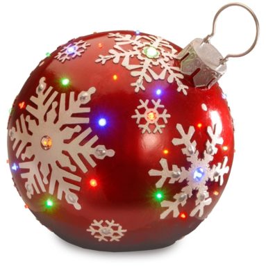 National Tree 18 Inch Red Jeweled Ornament with Snowflake Design and 24 Multicolored LED Lights