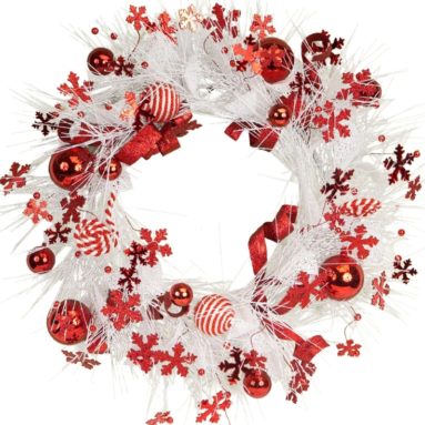 Pine Wreath with Festive Red/White Balls/Snowflakes Accents