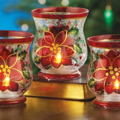 Poinsettia Flowers Crackled Glass Votive Candle Holder