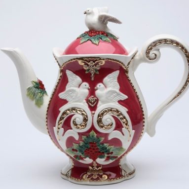 Porcelain Teapot with Holiday Color Doves and Flowers