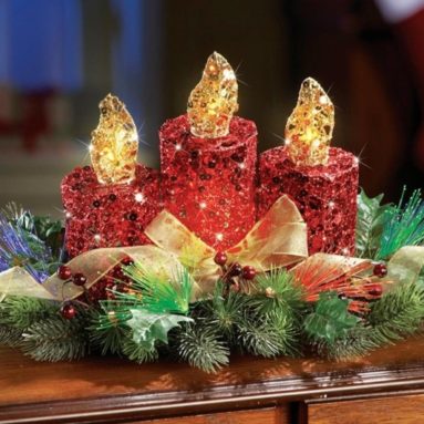Red Glitter Candles Lighted Centerpiece Decoration