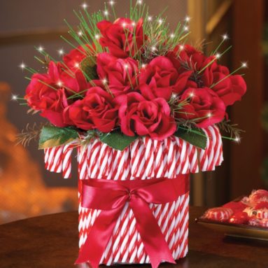 Red Roses Bouquet in Red and White Candy Cane Vase