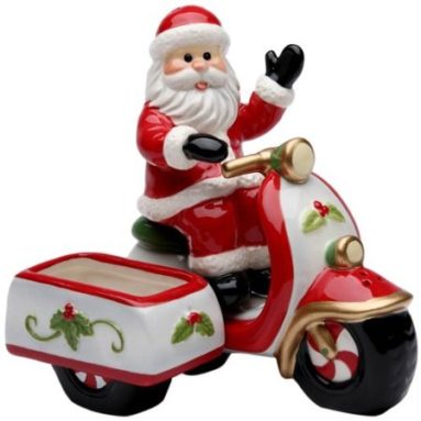 Santa Riding a Scooter Salt and Pepper Set with Sugar Pack Holder