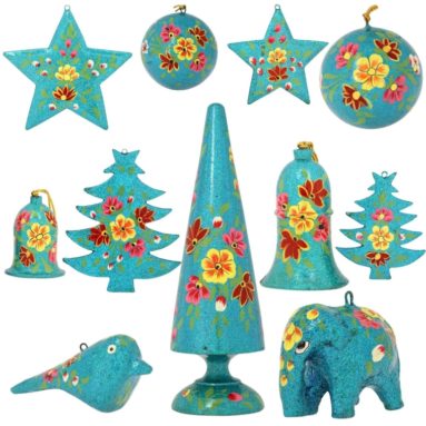 Set of 11 Turquoise Paper Mache Christmas Ornaments