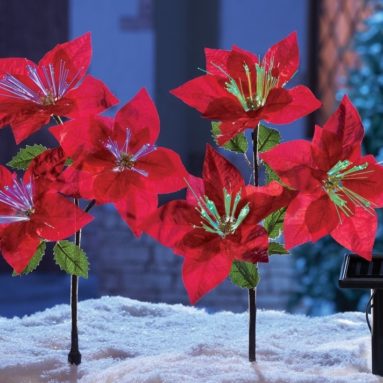 Solar Power Lighted Fiber Optic Red Poinsettia Flowers Christmas Yard