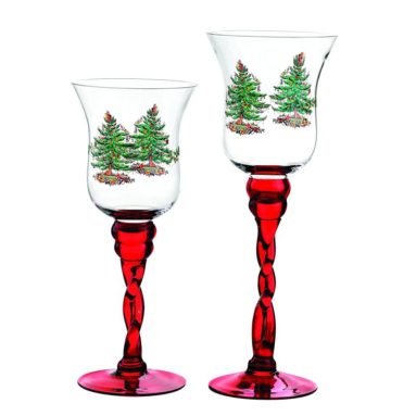 Spode Christmas Tree Glass Fluted Red Footed Candle Holders