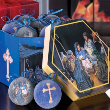 The Nativity Scene and Holy Cross Frosted Glass Christmas Tree Ornament Set