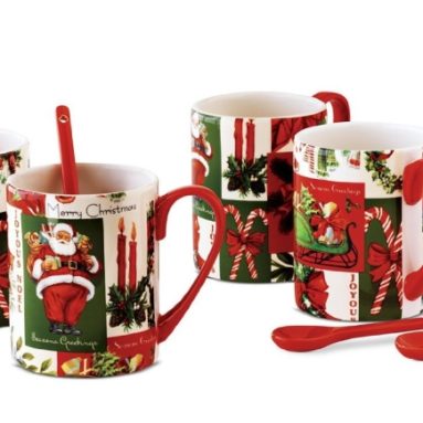 Vintage Holiday Set of 4 Mugs with Spoons