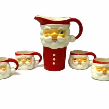 Vintage-style Winking Santa Ceramic Pitcher Cups Set