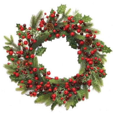 Wreath Pine with Holly Cones and Berries Green Red