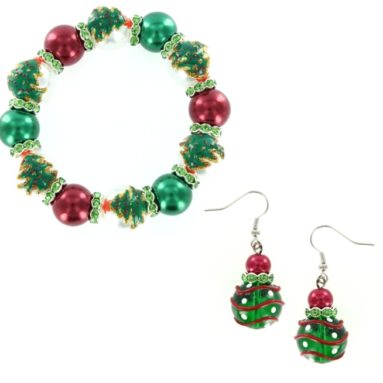 Christmas Tree & Ornament Glass Bead Bracelet & Earring Set