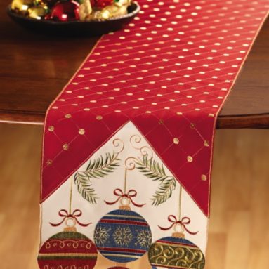 Holiday Ornament Embroidered Christmas Table Runner