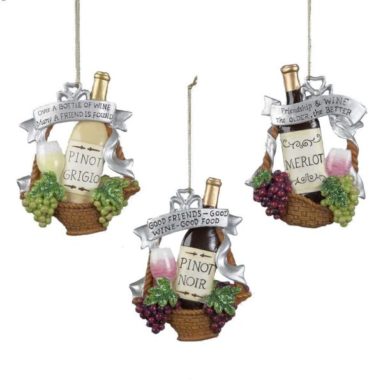 Polyresin Wine Bottle in Basket with Grapes Ornament