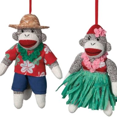 Hula Sock Monkey Ornaments Set of 2 Man and Woman