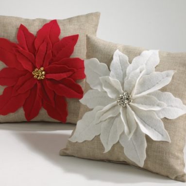 White Poinsettia Felt Holiday Design Throw Pillow