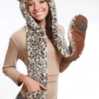 Leopard Full Animal Hood Hoddie Hat Faux Fur 3 In 1 Function