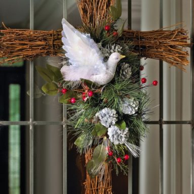 Fiber Optic Holiday Dove Floral Cross Decoration