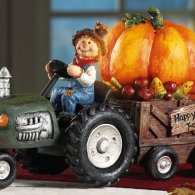 Fall Scarecrow On Lighted Pumpkin Tractor