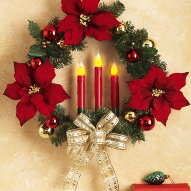 Lighted Flickering Candle Poinsettia Floral Holiday Wreath