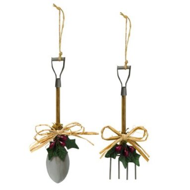 52% Discount: Pitchfork and Shovel Garden Tool Holly Leaf Ornaments